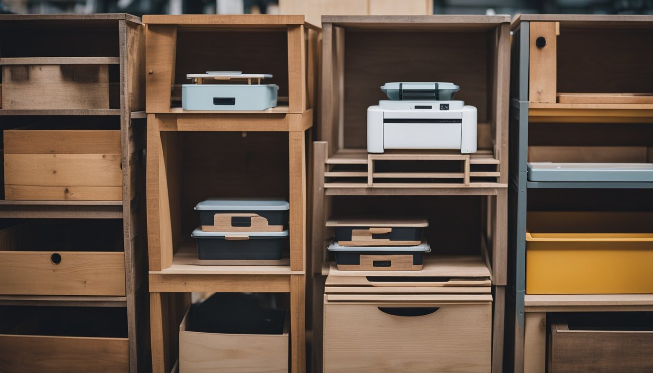 Old furniture being transformed into new items, like shelves from old drawers and tables made from reclaimed wood. Recycling bins nearby