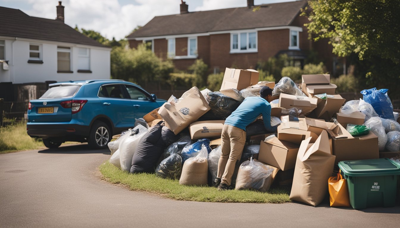 A pile of old furniture sits outside a house, surrounded by recycling bins and labeled bags for donation. A person in the background is carrying a small piece of furniture to add to the collection