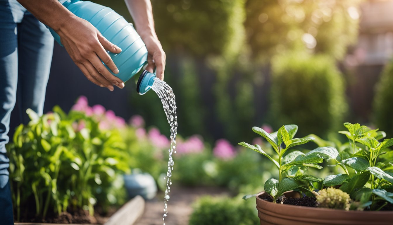 A rain barrel collects water from a downspout. Drip irrigation waters plants. Low-flow faucets and showerheads conserve water indoors