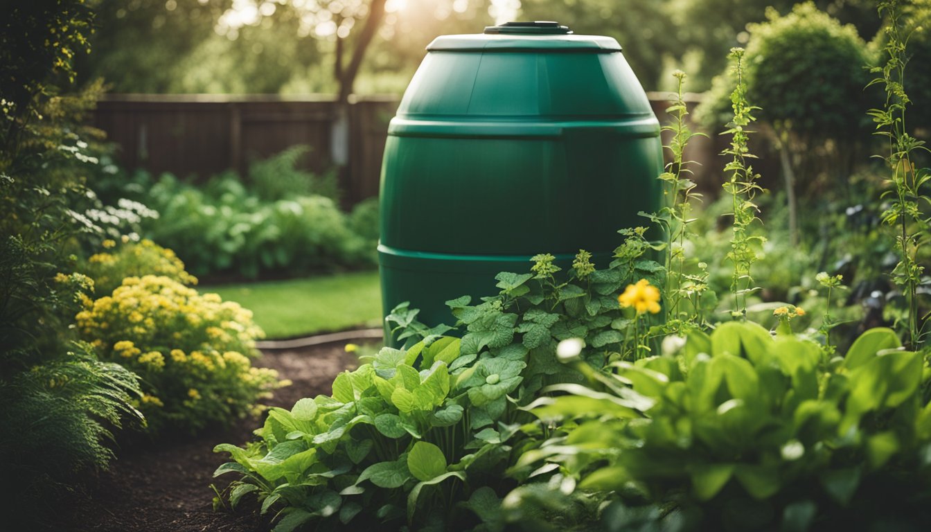 A lush green garden with a rain barrel collecting water, a drip irrigation system, and native plants thriving in the soil