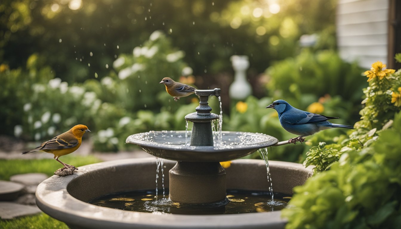 A serene home with a lush garden, rain barrels, and efficient water fixtures. A family of birds drinks from a birdbath while a gentle stream flows through the yard