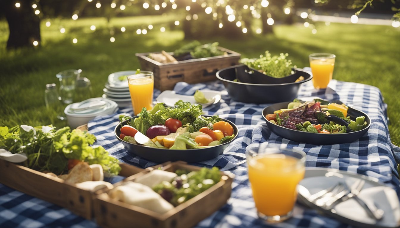 A backyard picnic with reusable plates, solar-powered lights, and a compost bin. Family members planting trees and using cloth napkins