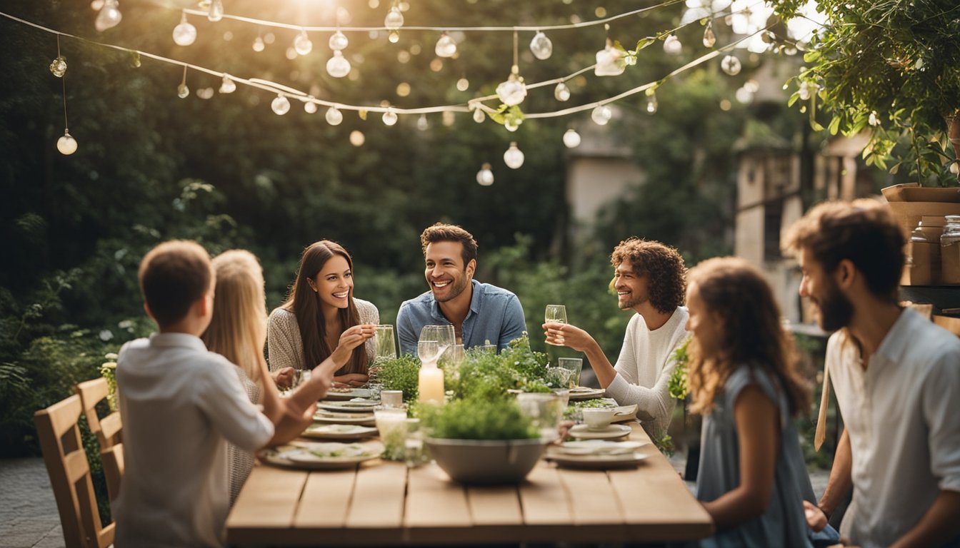 A family gathering with eco-friendly decor, reusable tableware, and a recycling station. Outdoor setting with greenery and natural lighting