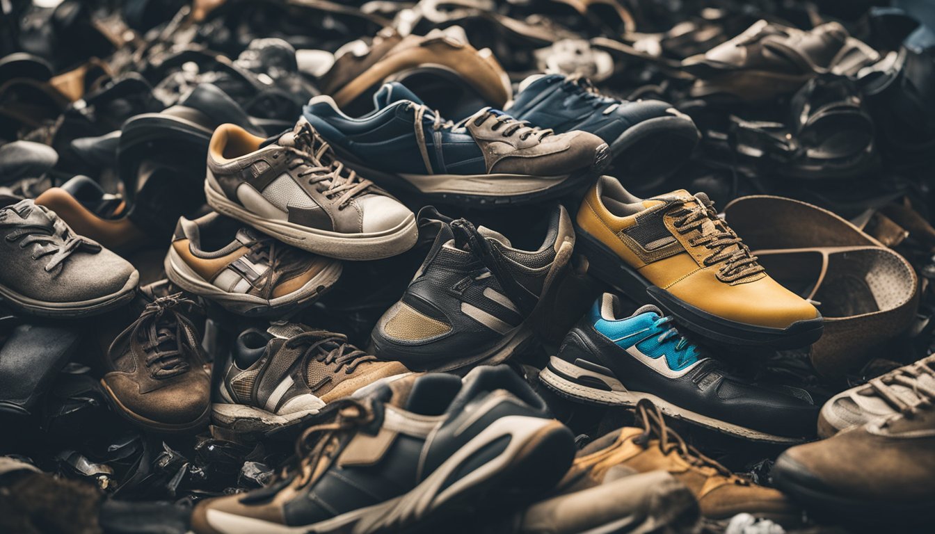 A pile of old shoes sits in a landfill, surrounded by discarded packaging and other waste. Nearby, a recycling bin is overflowing with worn-out sneakers and sandals