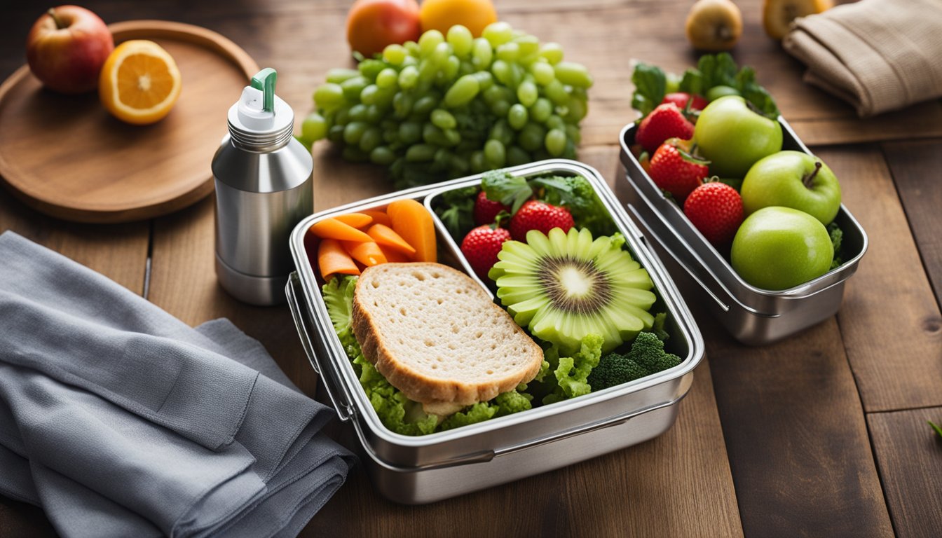 A lunchbox with reusable containers, a metal water bottle, and cloth napkins laid out on a wooden table surrounded by fresh fruits and vegetables