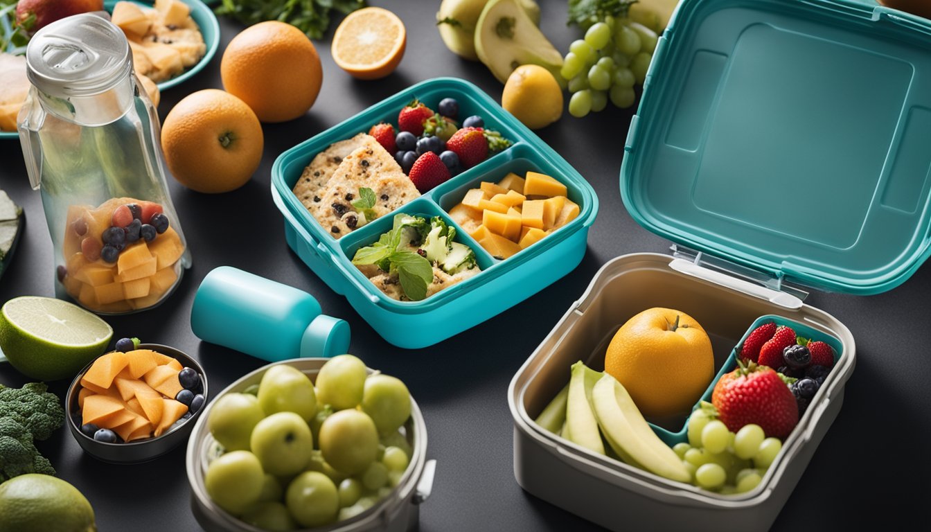 A colorful lunchbox surrounded by reusable containers filled with fruits, vegetables, and snacks. A reusable water bottle sits nearby, and a small compost bin is placed next to the lunchbox