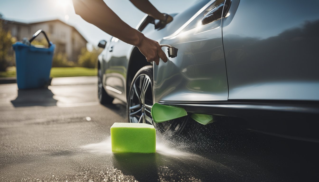 A person washing a car with biodegradable soap and using a waterless cleaning solution on the wheels, surrounded by eco-friendly cleaning products and tools