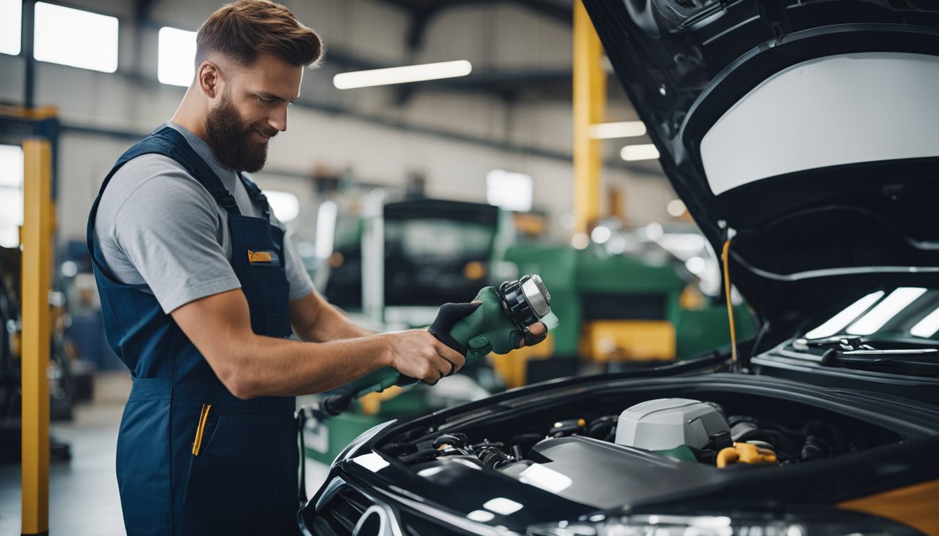 A mechanic demonstrating eco-friendly car maintenance tips using sustainable products and tools in a clean and organized workshop