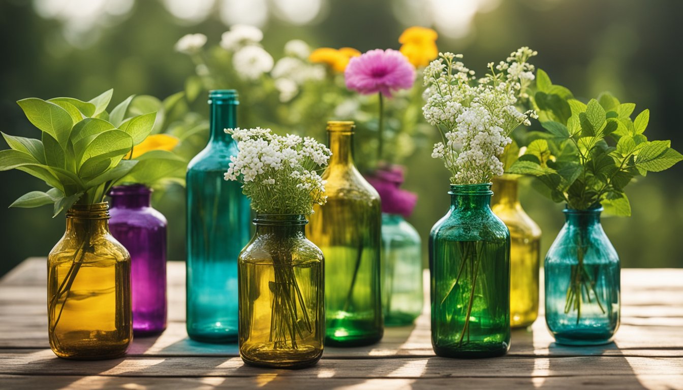 Glass bottles transformed into planters, candle holders, and decorative vases. A colorful array of upcycled creations displayed on a rustic wooden table