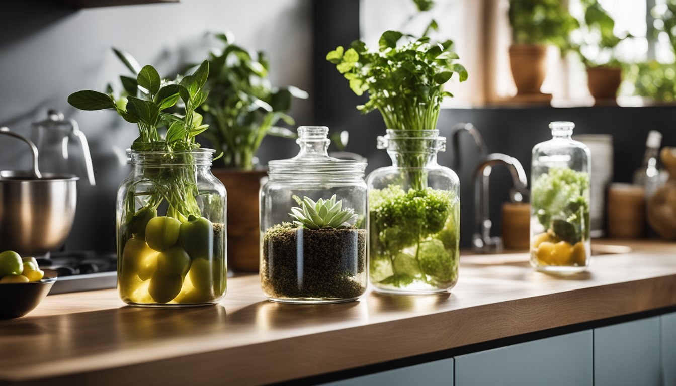 A kitchen counter with various glass bottles being creatively repurposed as planters, vases, and storage containers