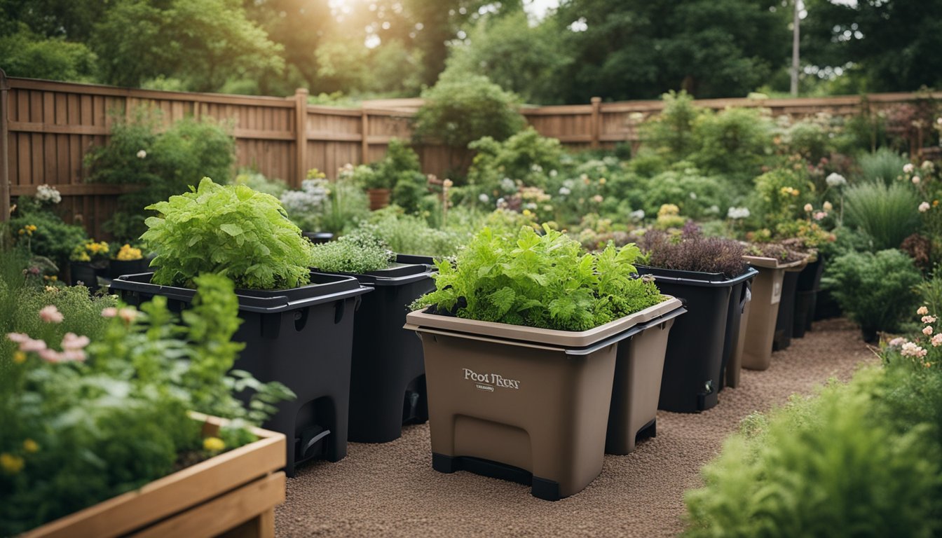 A lush garden with compost bins, rain barrels, and native plants. A person tends to the garden using eco-friendly tools and techniques