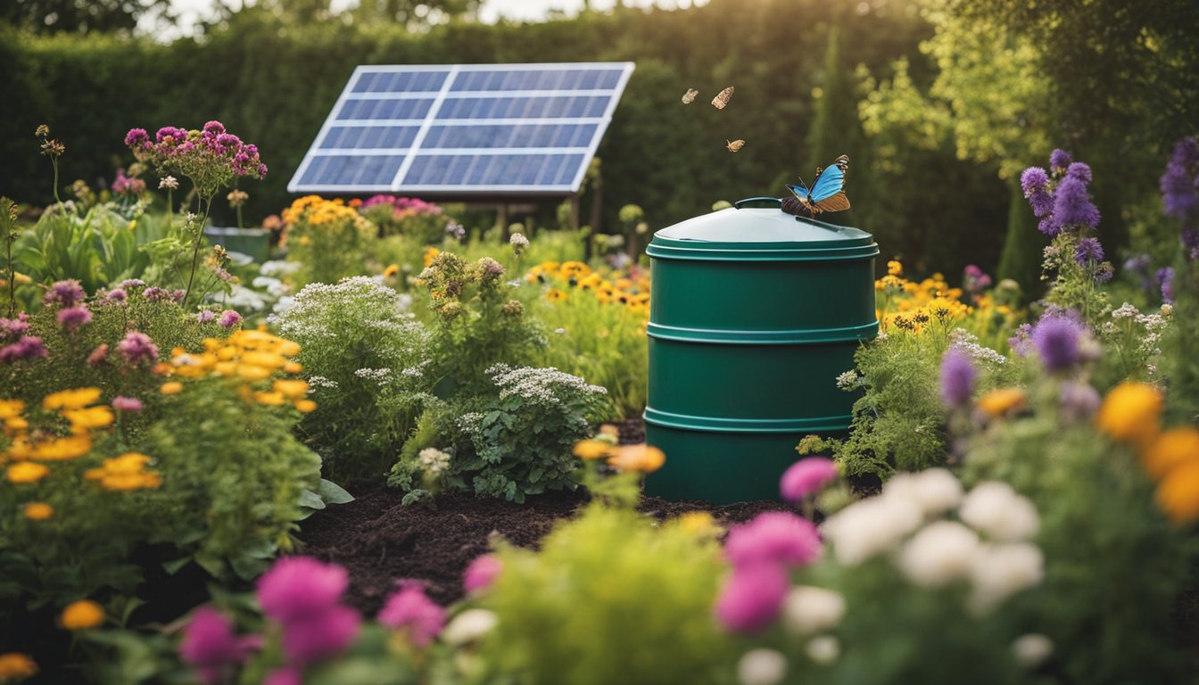 A garden with compost bins, rain barrels, and native plants. Bees and butterflies hover around blooming flowers. Solar panels power garden tools