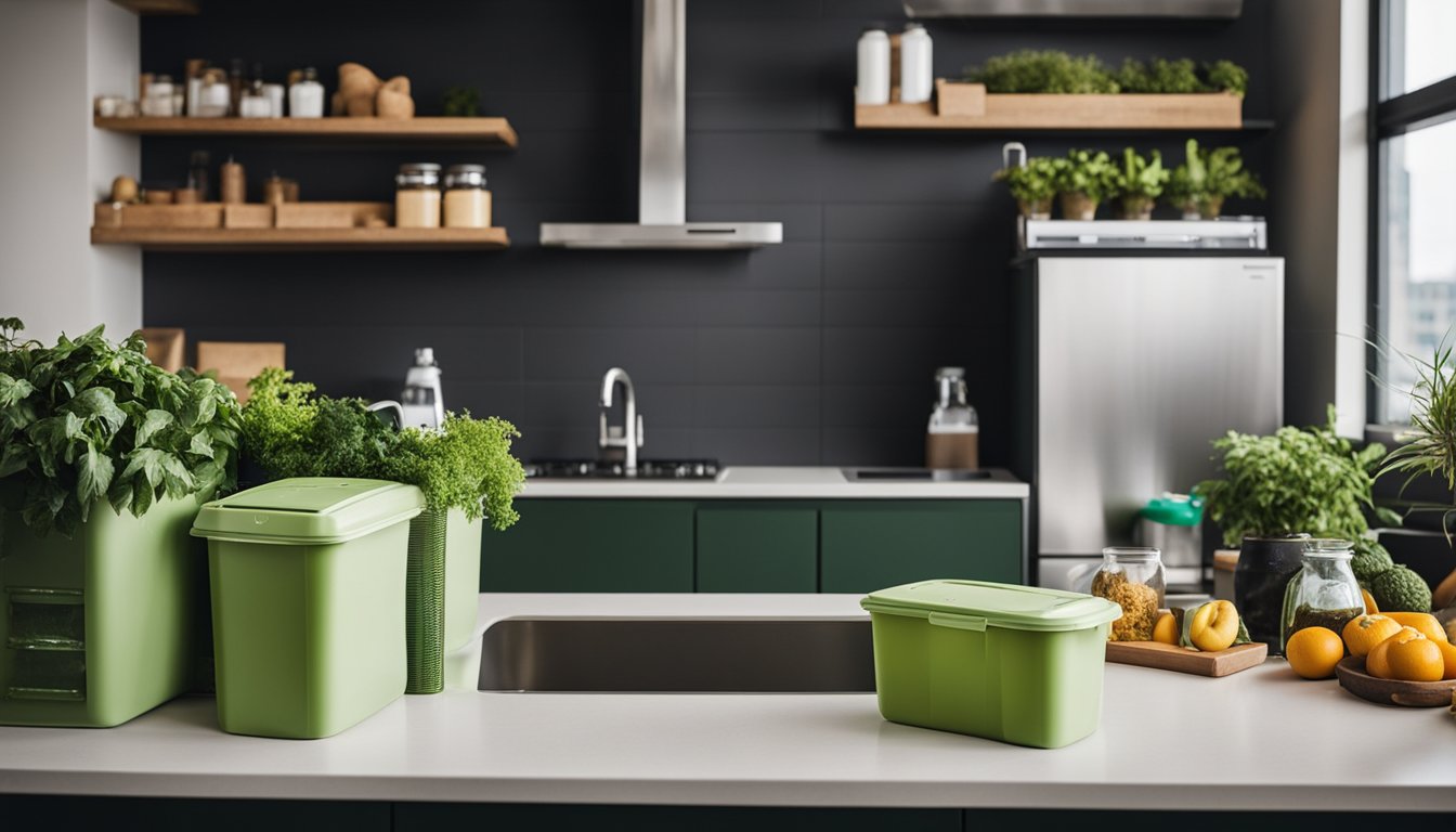 A city apartment with reusable containers for bulk shopping, a compost bin, and a recycling station