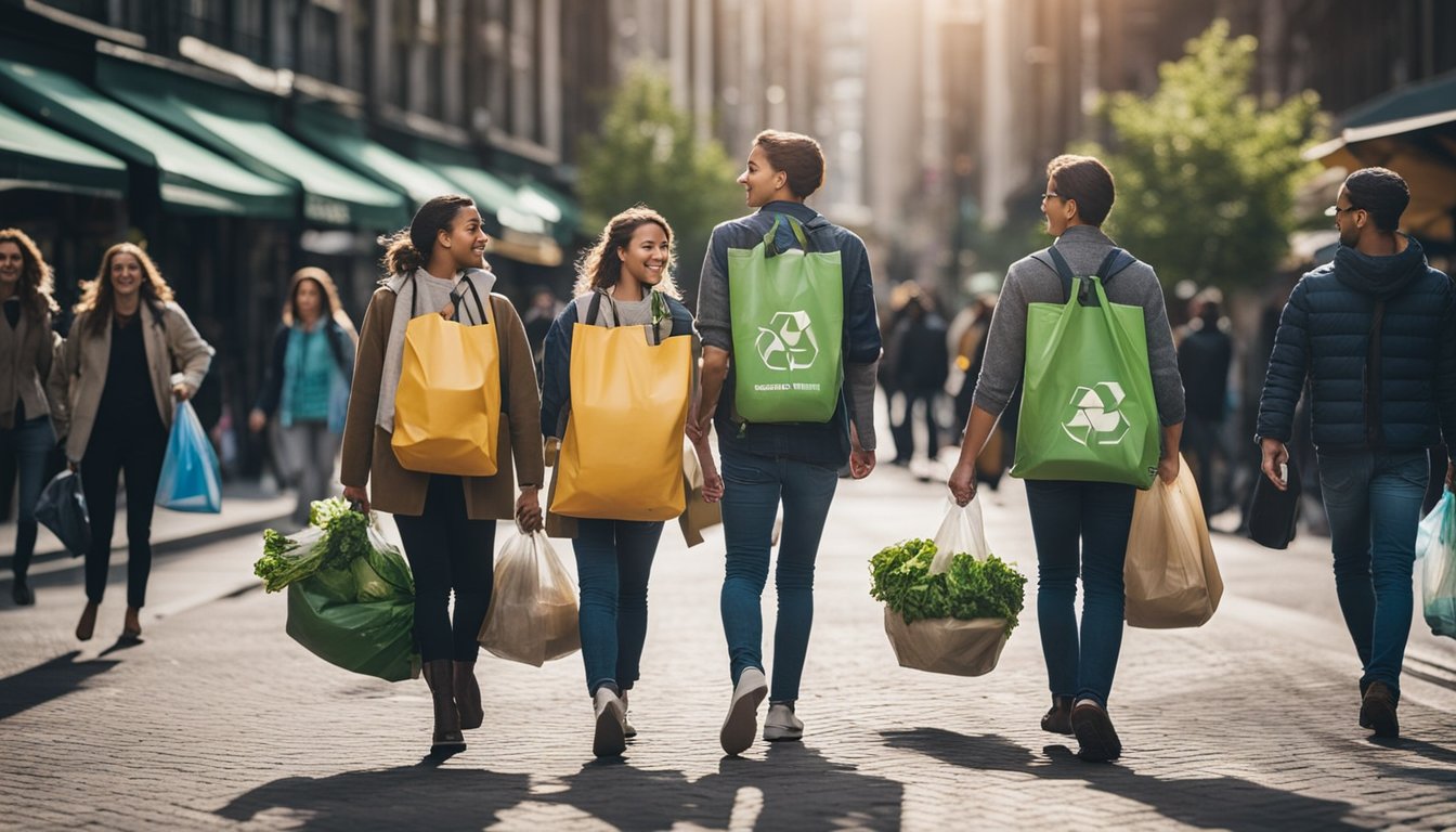 A bustling city street with people carrying reusable bags, using compost bins, and utilizing public recycling stations