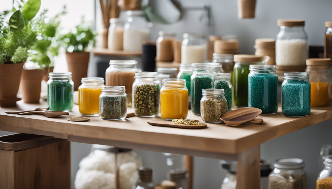 A table with recycled materials: glass jars, fabric scraps, and wooden utensils. A plant-based dye station with vibrant colors. A shelf with eco-friendly craft supplies like biodegradable glitter and compostable packaging