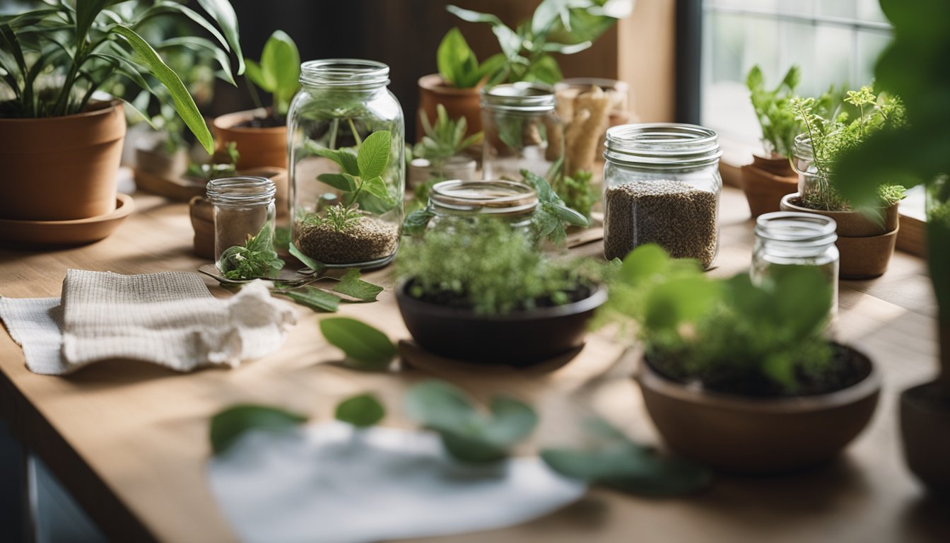 A table with various eco-friendly DIY project materials, such as recycled paper, glass jars, and fabric scraps, surrounded by potted plants and natural lighting