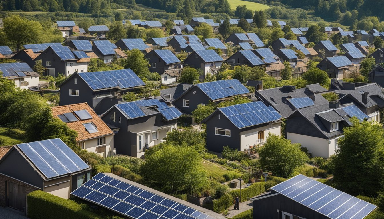 A serene village with solar panels on rooftops, locals biking and using public transport, reusable bags, and a community garden