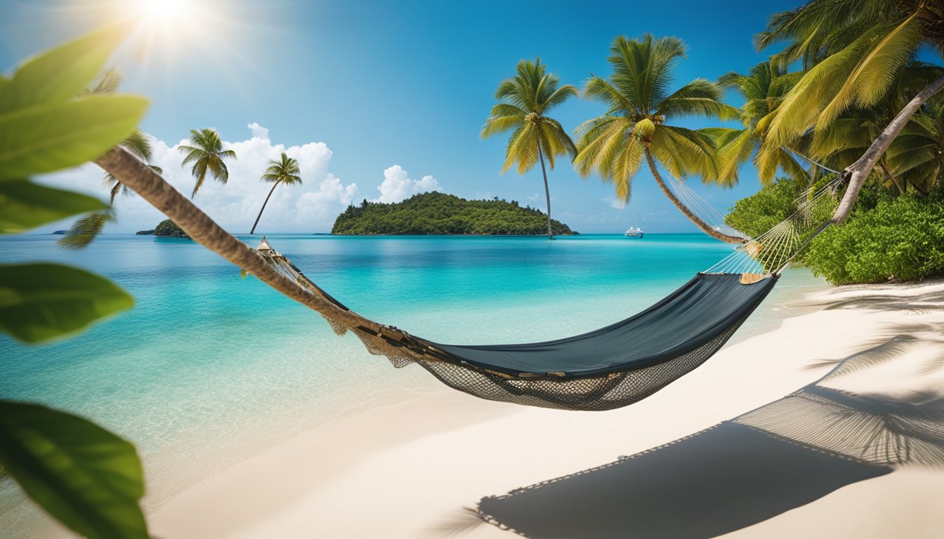 A serene beach with a hammock strung between two palm trees, surrounded by lush greenery and clear blue waters. A solar-powered camper van is parked nearby, and a group of sea turtles can be seen swimming in the distance