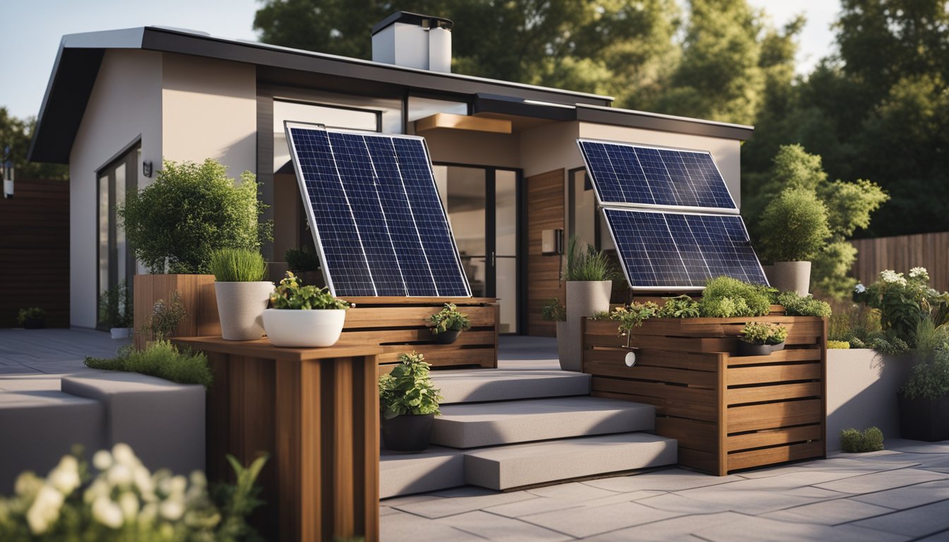 A cozy home with solar panels on the roof, LED light bulbs, and a compost bin in the kitchen