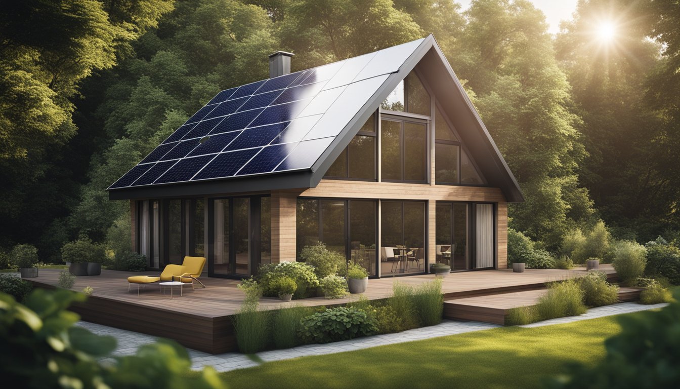 A cozy, well-insulated home with energy-efficient windows, surrounded by lush greenery and solar panels on the roof