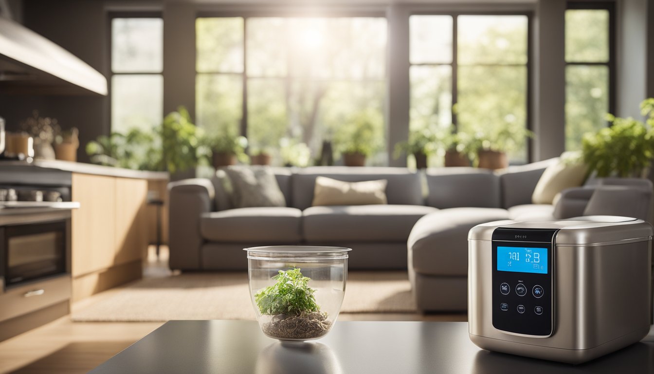 A cozy living room with energy-efficient light bulbs, a smart thermostat, and large windows letting in natural light. A recycling bin and composting container are visible in the kitchen