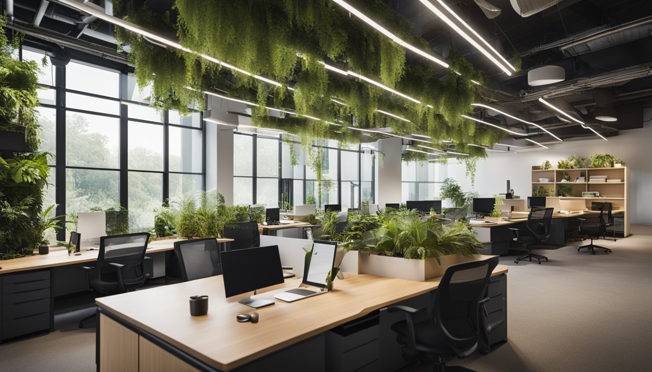 A bustling community workspace with eco-friendly features and collaborative work areas, surrounded by greenery and sustainable design elements