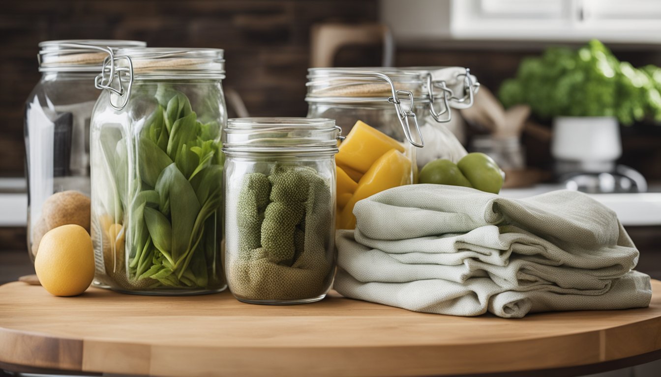 A kitchen counter with glass jars filled with reusable items like cloth napkins, metal straws, and wooden utensils. A cloth bag hangs nearby with reusable produce bags spilling out