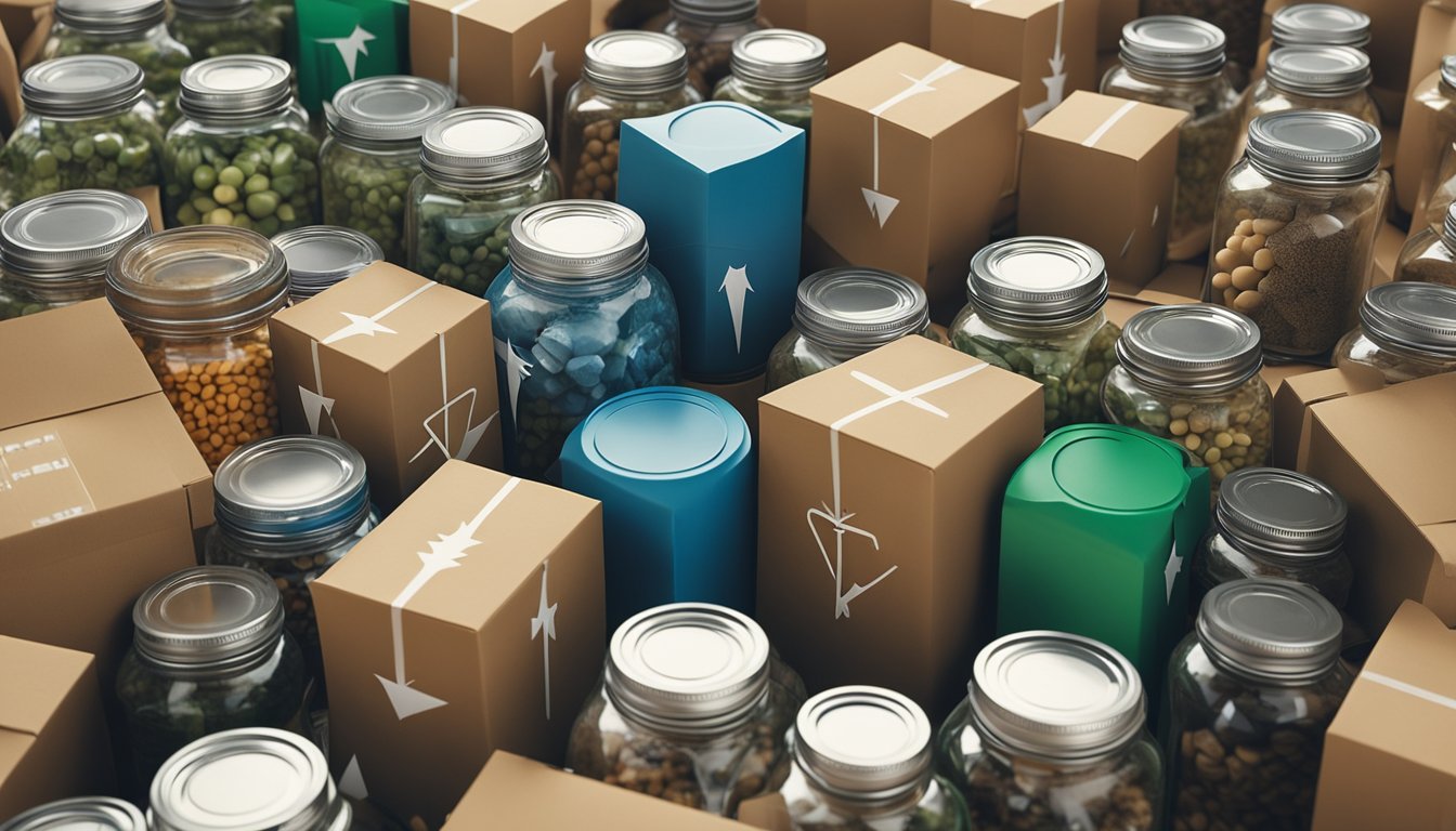 Various household items arranged in a creative way, such as glass jars, plastic bottles, and cardboard boxes, with arrows pointing to different ways they can be reused