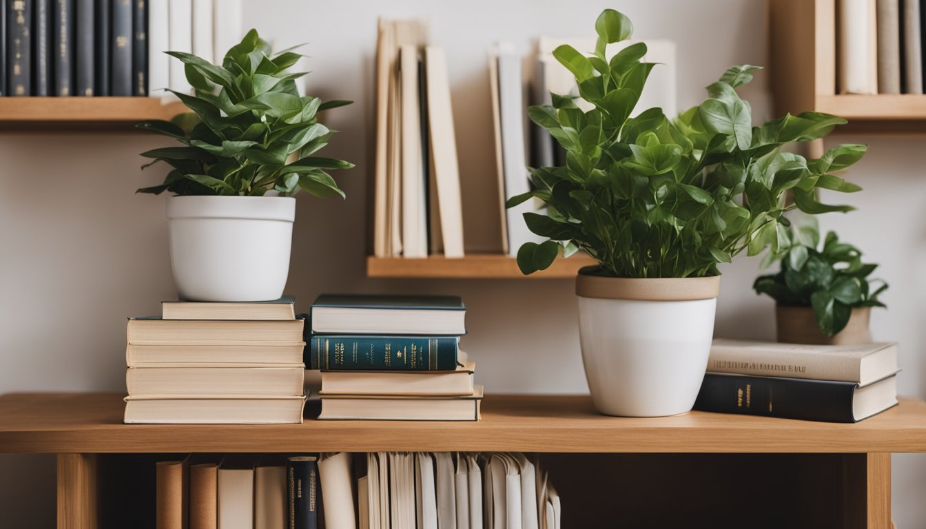 A cozy living room with a bookshelf turned into a plant stand, book pages used as wallpaper, and book spines repurposed as a decorative wall art