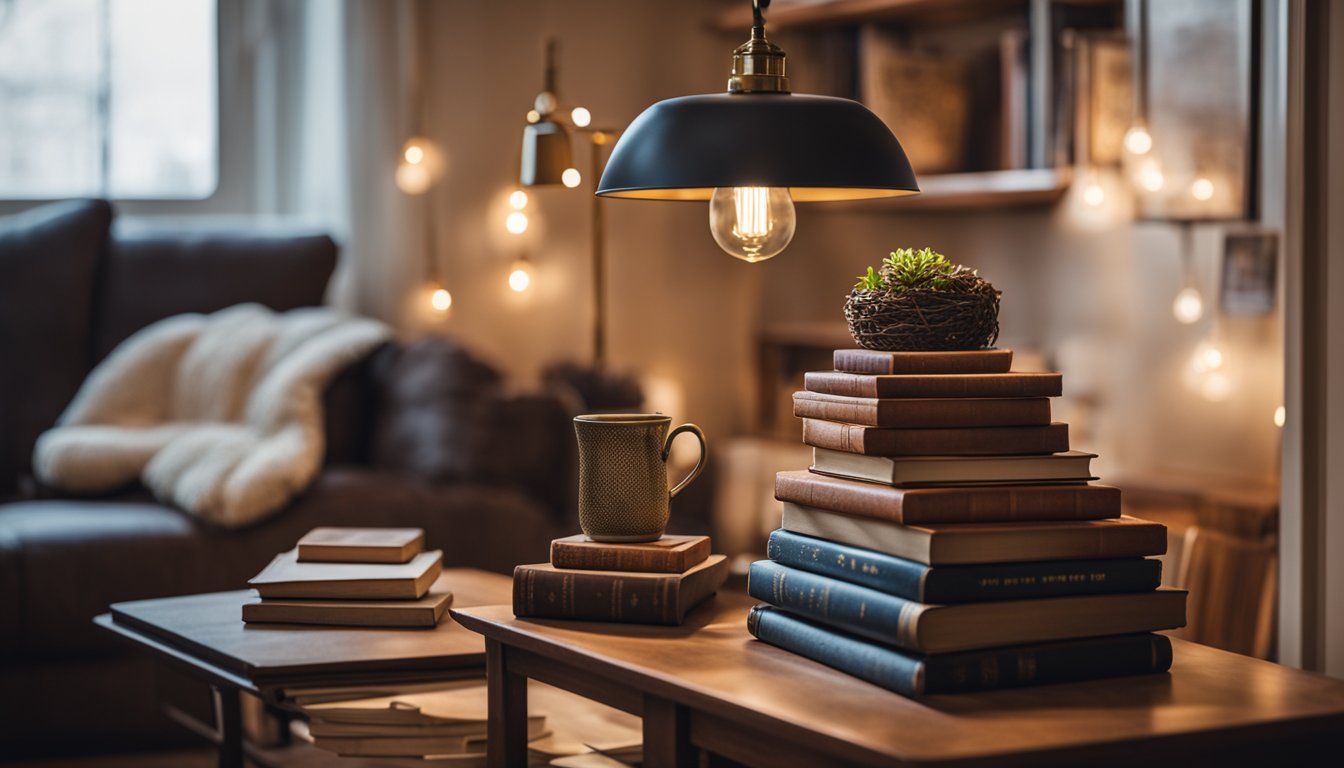 A cozy living room with bookshelves filled with repurposed old books as decor. A vintage lamp illuminates a reading nook with a book stack side table