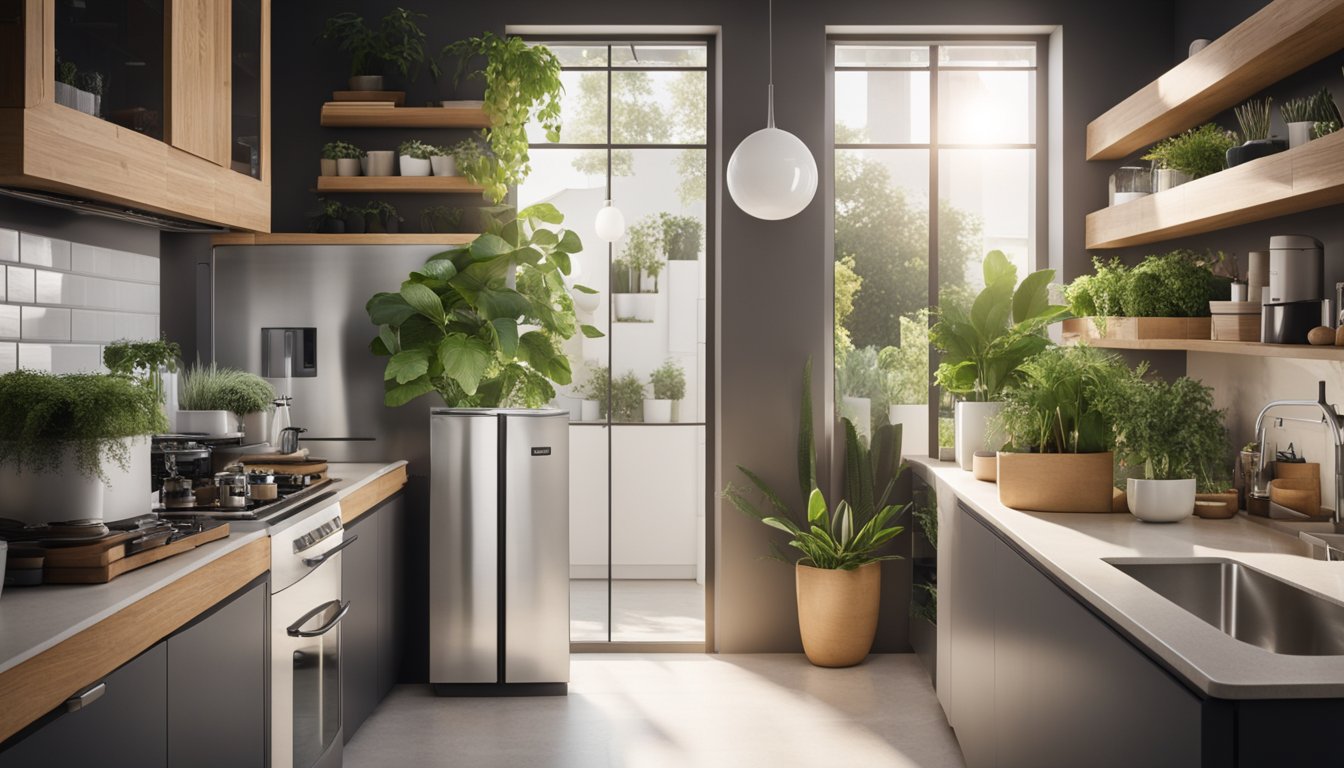 A modern, organized home with efficient appliances, solar panels, and recycling bins. Plants and natural light create a sustainable, eco-friendly atmosphere