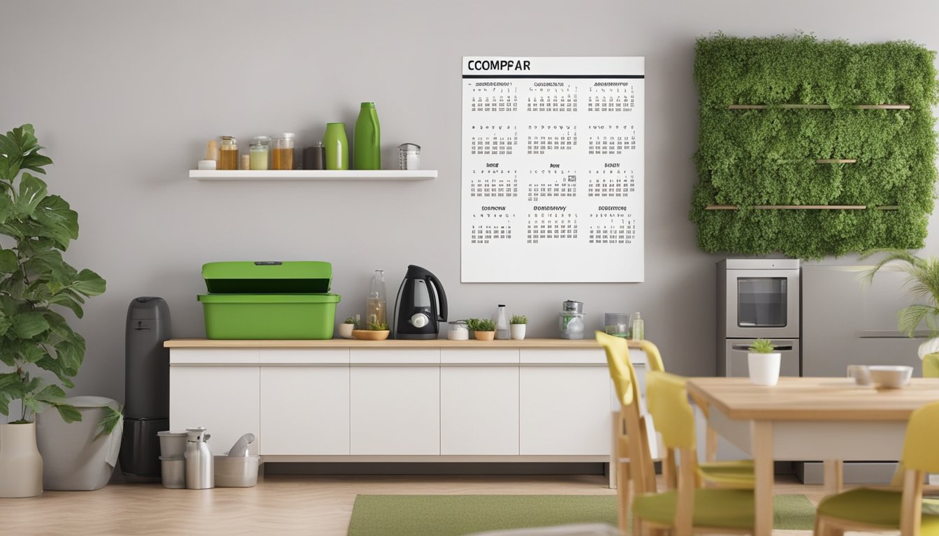 A tidy, eco-friendly home with labeled bins for recycling, a compost bin, and energy-efficient appliances. A calendar on the wall shows regular cleaning and maintenance tasks