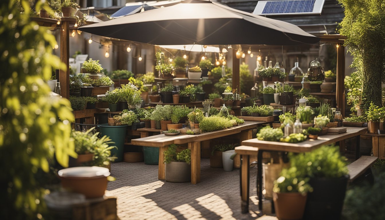 A lush garden with solar-powered lights, recyclable decor, and a composting station. Tables adorned with potted plants and reusable dishware