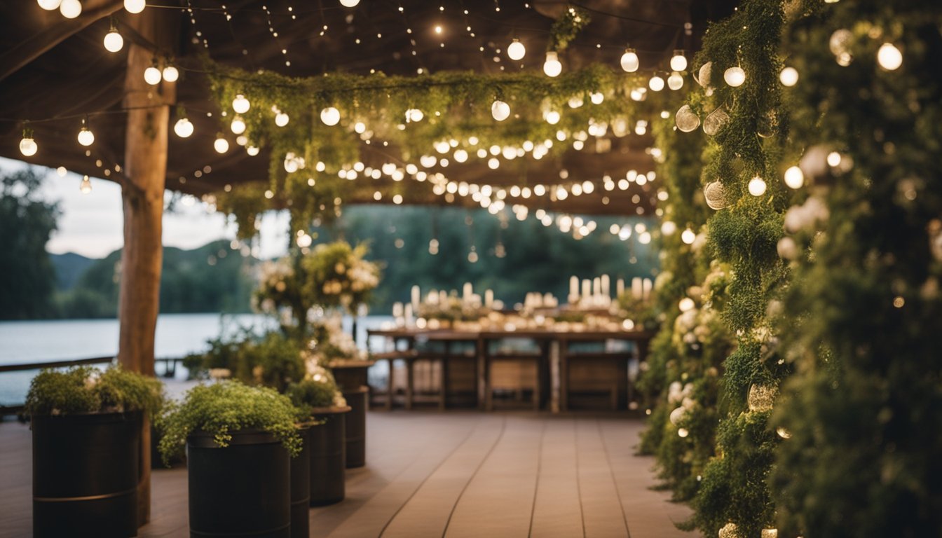 A lush outdoor wedding venue with solar-powered lights, recycled paper decorations, and a composting station for food waste