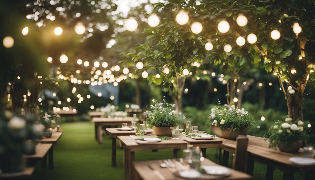 A lush garden with recycled decor, solar-powered lights, and biodegradable tableware for a sustainable wedding