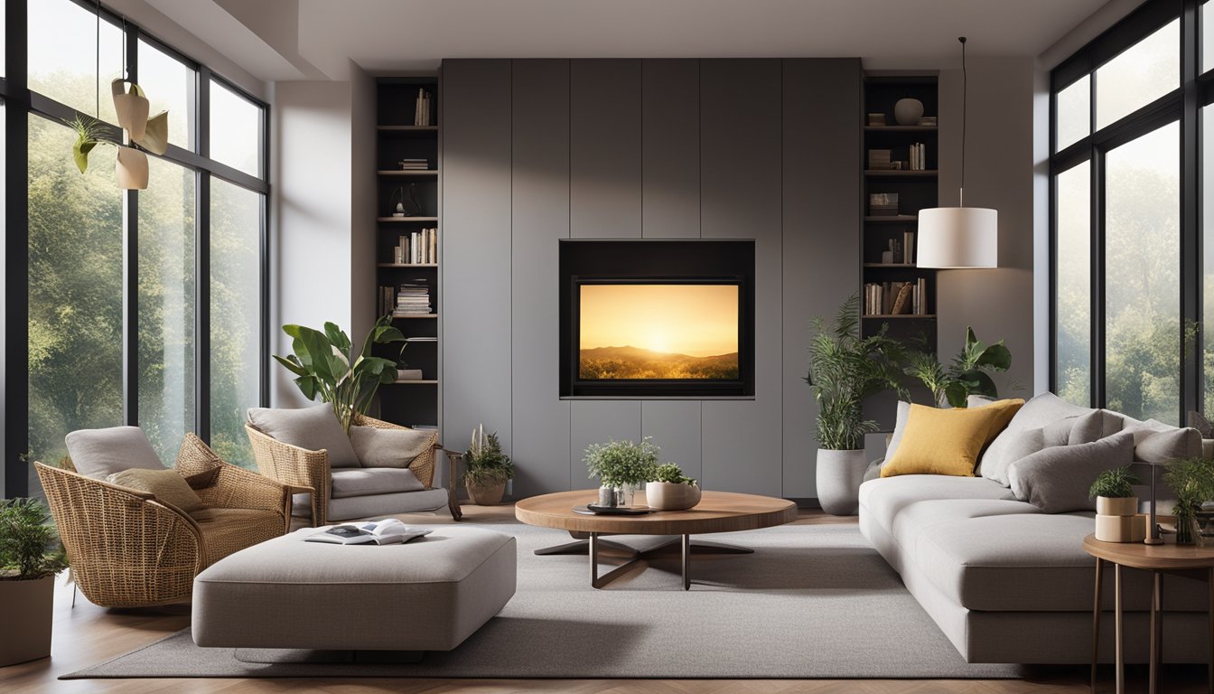 A cozy living room with energy-efficient LED lighting, insulated windows, and smart thermostats regulating temperature