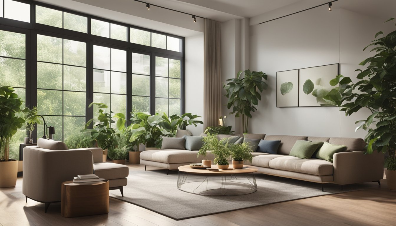 A cozy living room with energy-efficient appliances and LED lighting, surrounded by green plants and natural light filtering through the windows