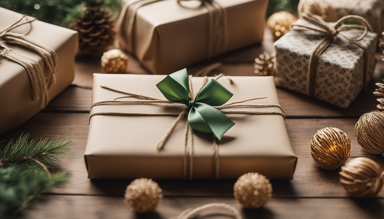 A table with various eco-friendly gift wrapping materials: recycled paper, twine, fabric, and reusable decorations like dried flowers and wooden ornaments