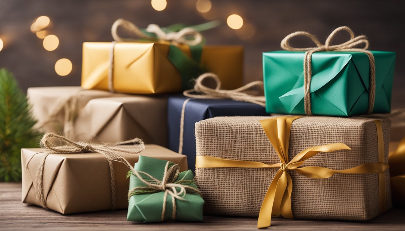 Colorful eco-friendly gift wrapping materials arranged on a table with natural elements like twine, recycled paper, and reusable fabric