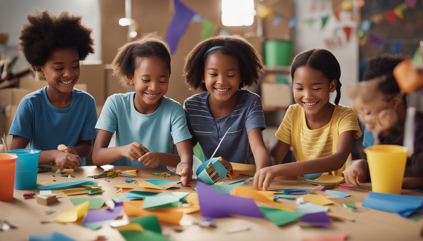 A group of children happily crafting with recycled materials, surrounded by colorful paper, cardboard, and plastic containers. Glue, scissors, and markers are scattered on the table