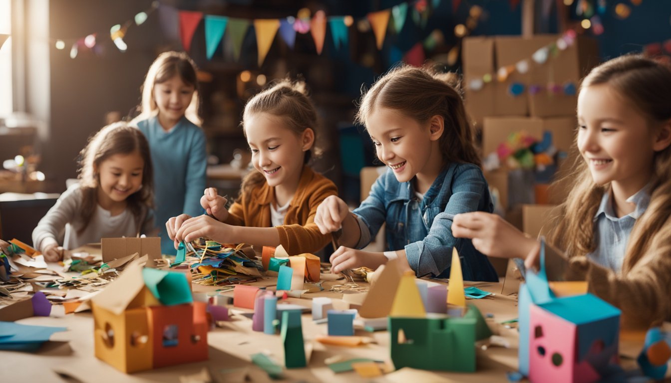 Children happily crafting with recycled materials, surrounded by colorful paper, cardboard, and other eco-friendly supplies