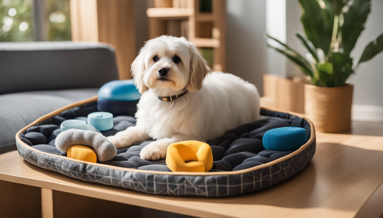 A cozy pet bed made from recycled materials sits next to a shelf filled with eco-friendly pet toys and grooming supplies. A solar-powered pet water fountain glistens in the sunlight