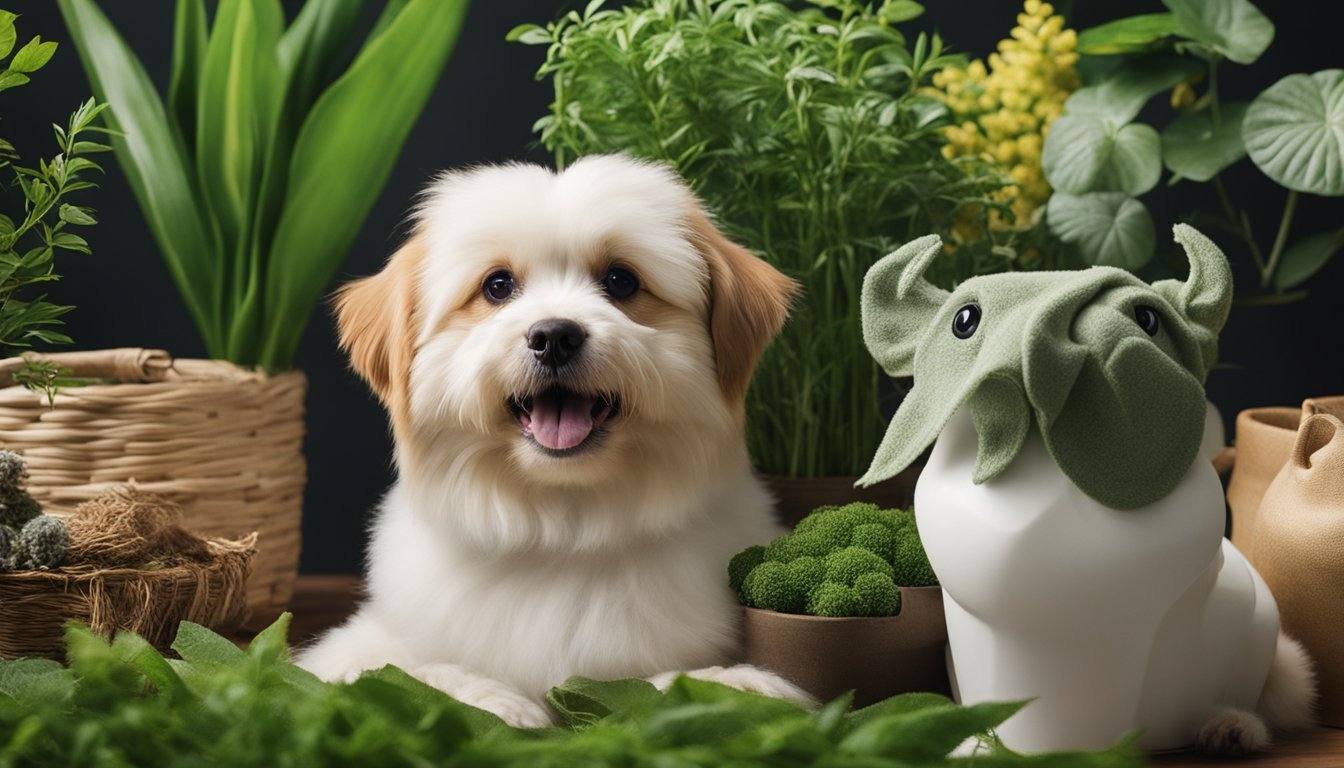 A variety of eco-friendly pet care items displayed with greenery and natural elements