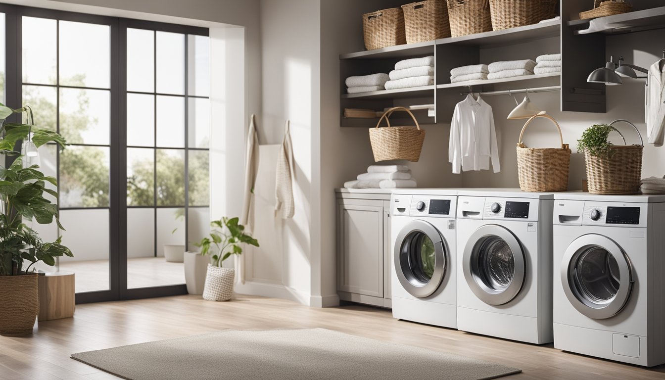 A serene laundry room with a modern washing machine and shelves stocked with eco-friendly laundry products. A water-saving faucet and a basket of freshly washed clothes complete the scene