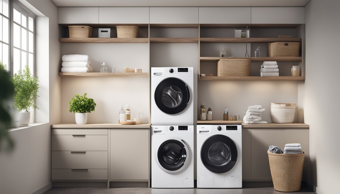 A serene laundry room with a modern, eco-friendly washing machine and a variety of water-saving laundry products neatly arranged on the shelves