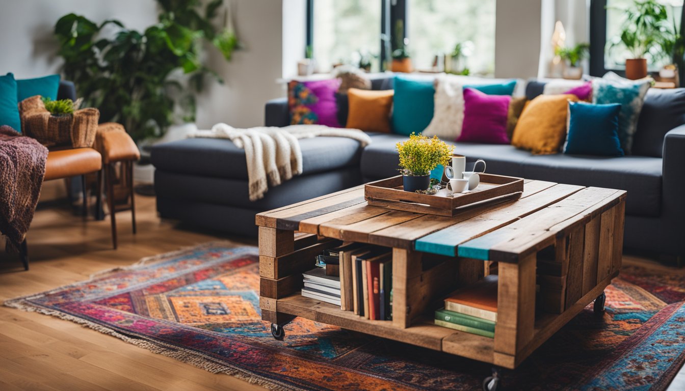 A cozy living room with upcycled furniture and decor, such as a repurposed pallet coffee table, a wall-mounted shelf made from reclaimed wood, and a colorful rug made from recycled fabric scraps