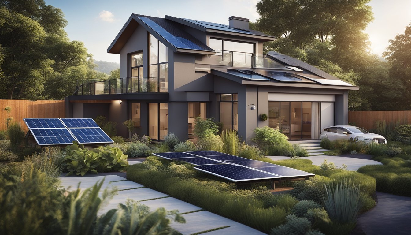 A modern home with solar panels, rainwater collection system, energy-efficient appliances, and a lush garden with native plants