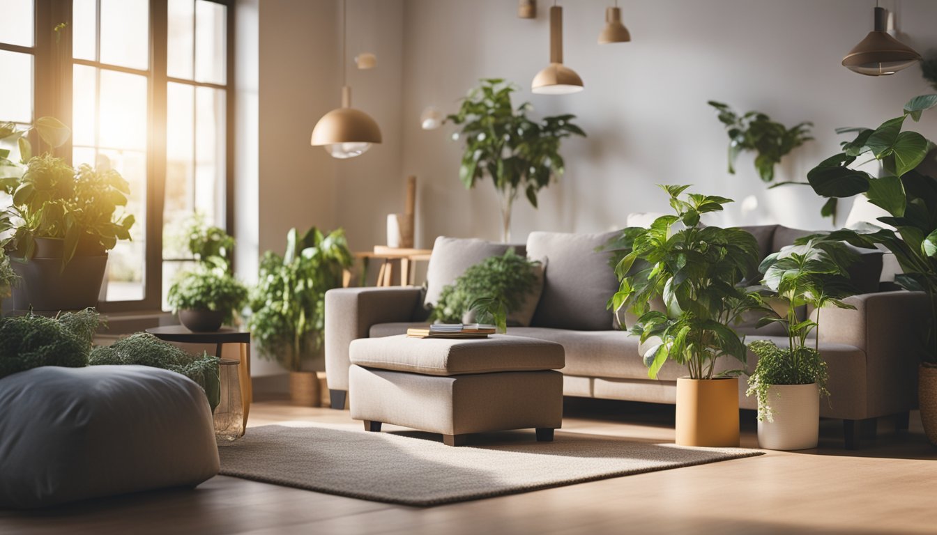 A cozy living room with eco-friendly materials and plants, a recycling bin, and energy-efficient light bulbs