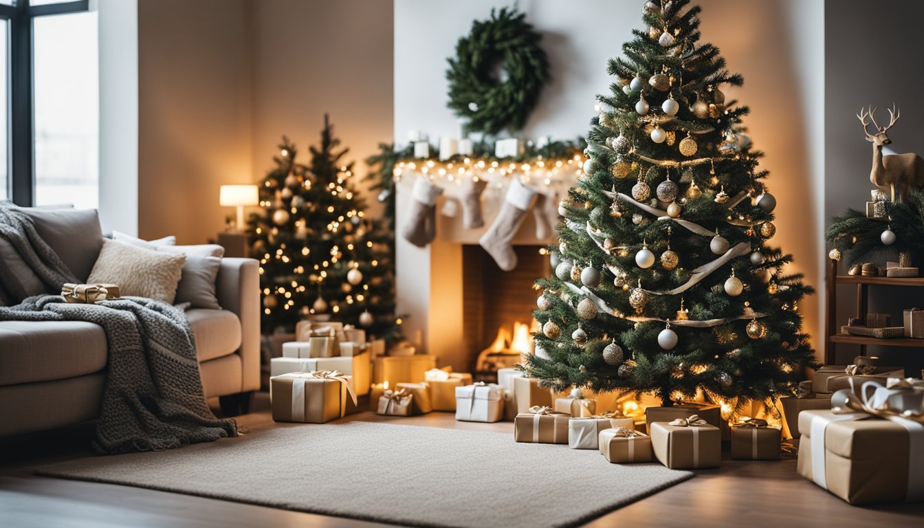 A cozy living room with eco-friendly gifts and sustainable wrapping materials scattered around a decorated Christmas tree