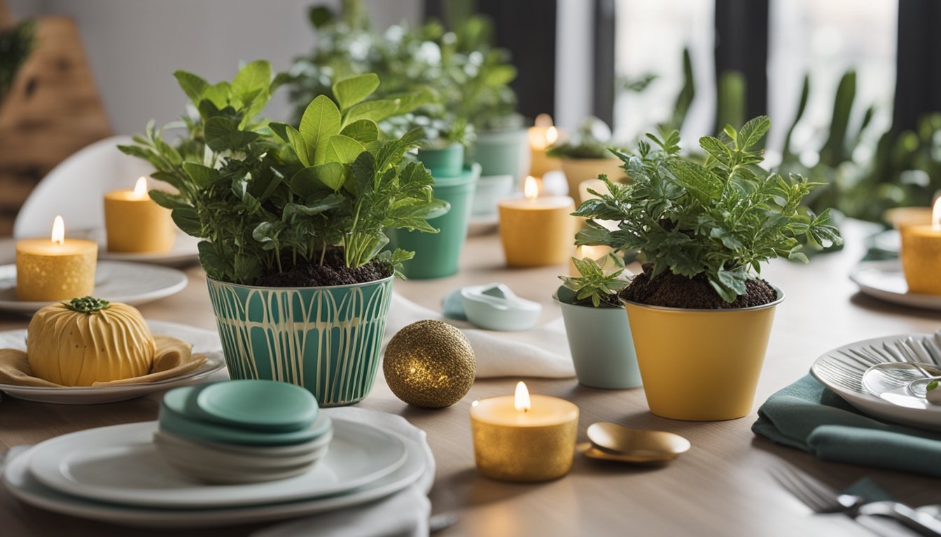 A festive table with reusable decorations, potted plants, and eco-friendly gift wrapping. A recycling bin and composting container nearby